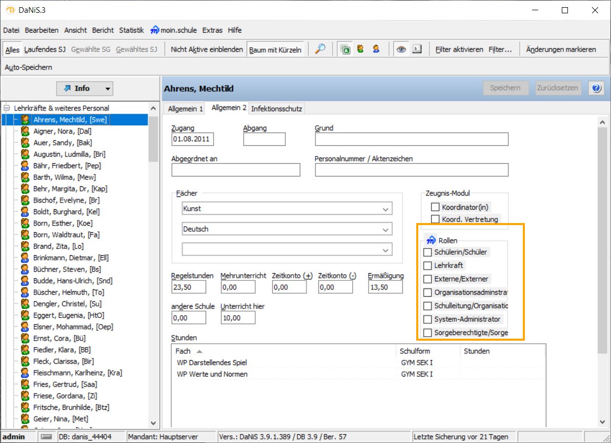 Der Bereich der moin.schule Rollen ist in einer Lehrerkartei unter "Allgemein 2" markiert.