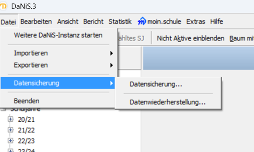 Menüpunkt "Datensicherung" mit seinen Optionen