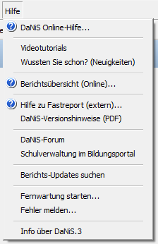 Die Unterpunkte des Menüpunkts Hilfe.
