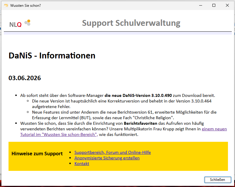 "Wussten Sie schon?"-Fenster mit aktuellen Informationen zur veröffentlichten DaNiS-Version
