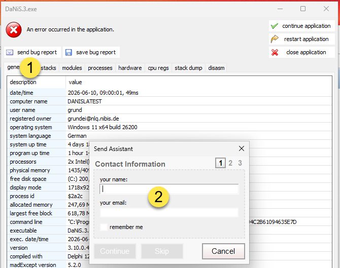 Zweiter Schritt des Fehler melden Dialogs
