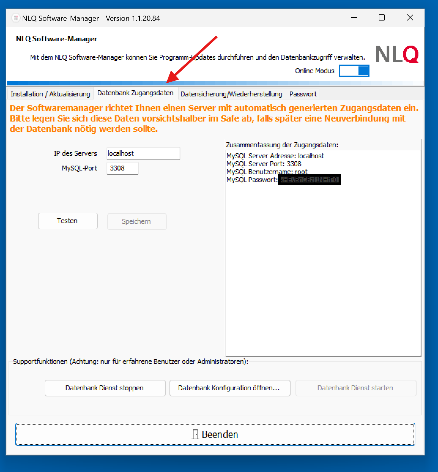 Zweiter Reiter mit rechts den Zugangsdaten in vier Reihen untereinander.